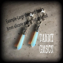 Load image into Gallery viewer, Opalite earrings, Gemstone earrings, Crystal Healing Moonstone earrings, Plug earrings, Tunnel earrings, Long earrings, White earrings, 14g