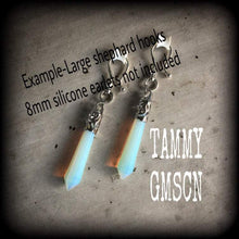 Load image into Gallery viewer, Opalite ear hangers, Gemstone ear weights, Moonstone, Plug dangles, Gauged earrings, Tunnel dangles, Hanging gauges, Plug dangles 00g 0g 2g