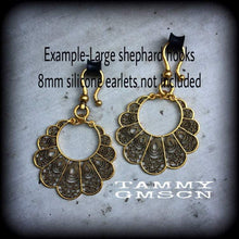 Load image into Gallery viewer, Artemis earrings, Dangle earrings, Peacock earrings, Goddess earrings, Shield earrings, Maiden earrings, Goddess jewelry, Tunnel earrings
