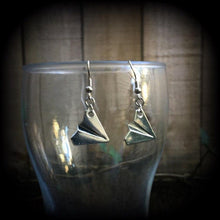 Load image into Gallery viewer, Plane earrings, Cute earrings, Retro earrings, Origami earrings, Origami jewelry, Wanderlust jewelry, Tunnel dangles, Travel jewelry, Gauges