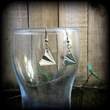 Load image into Gallery viewer, Plane earrings, Cute earrings, Retro earrings, Origami earrings, Origami jewelry, Wanderlust jewelry, Tunnel dangles, Travel jewelry, Gauges