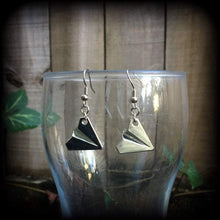 Load image into Gallery viewer, Plane earrings, Cute earrings, Retro earrings, Origami earrings, Origami jewelry, Wanderlust jewelry, Tunnel dangles, Travel jewelry, Gauges