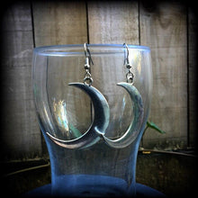 Load image into Gallery viewer, Antique silver crescent moon earrings Goddess earrings Moon earrings Witchy earrings Plug earrings Wicca jewelry Pagan Pan Nature