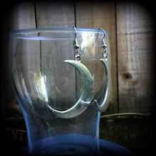 Load image into Gallery viewer, Antique silver crescent moon earrings Goddess earrings Moon earrings Witchy earrings Plug earrings Wicca jewelry Pagan Pan Nature