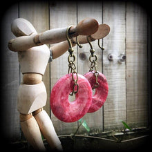 Load image into Gallery viewer, Gemstone Earrings Rhodochrosite Stone Earrings Crystal Pink Boho Tunnel earrings Plug earrings Dangle earrings Gauged earrings Pierced ears