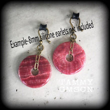 Load image into Gallery viewer, Gemstone Earrings Rhodochrosite Stone Earrings Crystal Pink Boho Tunnel earrings Plug earrings Dangle earrings Gauged earrings Pierced ears
