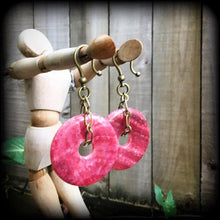 Load image into Gallery viewer, Gemstone Earrings Rhodochrosite Stone Earrings Crystal Pink Boho Tunnel earrings Plug earrings Dangle earrings Gauged earrings Pierced ears