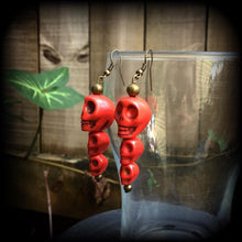 Load image into Gallery viewer, Goddess of Death earrings, Red skull earrings, Goddess earrings, Kali Maa jewelry, Stone earrings, Parvati jewelry, Tunnel earrings, Plugs
