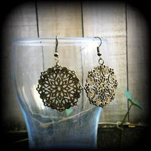 Load image into Gallery viewer, Mandala earrings Geometry earrings Plug earrings Tunnel earrings Sacred geometry Bronze earrings Henna earrings Fractals Pierced ears 12g