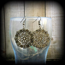 Load image into Gallery viewer, Mandala earrings Geometry earrings Plug earrings Tunnel earrings Sacred geometry Bronze earrings Henna earrings Fractals Pierced ears 12g