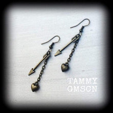 Load image into Gallery viewer, Heart Earrings, Arrow earrings, Cupid earrings, Valentine Earrings, Love Heart jewelry, Cupid jewelry, Tunnel dangles, Plug earrings, Gauges