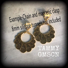 Load image into Gallery viewer, Artemis earrings, Dangle earrings, Peacock earrings, Goddess earrings, Shield earrings, Maiden earrings, Goddess jewelry, Tunnel earrings