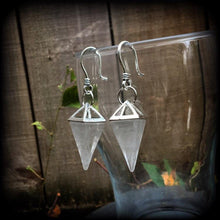 Load image into Gallery viewer, Quartz earrings, Crystal earrings, Pyramid earrings, Plug earrings, Tunnel earrings, Clear quartz, Quartz jewelry, Boho jewelry, Dangles