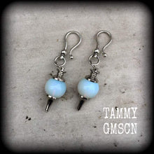 Load image into Gallery viewer, 6mm, 0 gauge gemstone ear hangers, 8mm ear weights, 00 gauge, Moonstone weights, Opalite tunnel dangles, 10mm Plug dangles, Gauged earrings