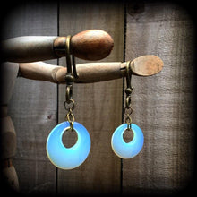 Load image into Gallery viewer, Opalite ear weights, Gauged earrings, Moonstone weights, Plug dangles, Hanging gauges, Gauged earrings, Tunnel dangles, 00g 0g 2g 4g 6g 8g