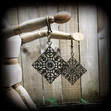 Load image into Gallery viewer, Mandala ear weights 2 gauge ear hangers Henna Sacred Geometry Geometric Gauged earrings Tunnel dangles Plug earrings Hanging gauges 6mm 8mm