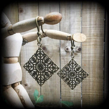 Load image into Gallery viewer, Mandala ear weights 2 gauge ear hangers Henna Sacred Geometry Geometric Gauged earrings Tunnel dangles Plug earrings Hanging gauges 6mm 8mm
