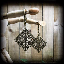 Load image into Gallery viewer, Mandala ear weights 2 gauge ear hangers Henna Sacred Geometry Geometric Gauged earrings Tunnel dangles Plug earrings Hanging gauges 6mm 8mm