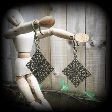 Load image into Gallery viewer, Mandala ear weights 2 gauge ear hangers Henna Sacred Geometry Geometric Gauged earrings Tunnel dangles Plug earrings Hanging gauges 6mm 8mm