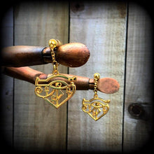 Load image into Gallery viewer, Eye of Udjat earrings Eye of Wedjat earrings Eye of Horus earrings Egyptian earrings 0 gauge tunnel earrings 8mm plug dangles Gauged earring