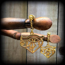 Load image into Gallery viewer, Eye of Udjat earrings Eye of Wedjat earrings Eye of Horus earrings Egyptian earrings 0 gauge tunnel earrings 8mm plug dangles Gauged earring