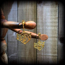 Load image into Gallery viewer, Eye of Horus earrings, Eye of Ra earrings, Egyptian earrings, Evil eye earrings, Occult earrings, Esoteric jewelry, Tunnel earrings, Plugs