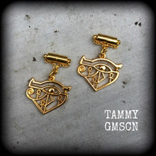 Load image into Gallery viewer, Eye of Udjat earrings Eye of Wedjat earrings Eye of Horus earrings Egyptian earrings 0 gauge tunnel earrings 8mm plug dangles Gauged earring