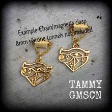 Load image into Gallery viewer, Eye of Horus earrings, Eye of Ra earrings, Egyptian earrings, Evil eye earrings, Occult earrings, Esoteric jewelry, Tunnel earrings, Plugs
