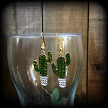 Load image into Gallery viewer, Cactus earrings Succulent earrings Plant jewelry Vegan earrings Plug earrings Tunnel earrings Leverback hooks Kidney hooks Gauged earrings