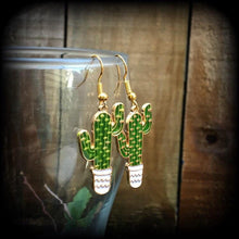 Load image into Gallery viewer, Cactus earrings Succulent earrings Plant jewelry Vegan earrings Plug earrings Tunnel earrings Leverback hooks Kidney hooks Gauged earrings
