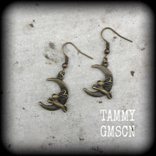 Load image into Gallery viewer, Rabbit earrings Crescent Moon earrings Animal earrings Kitsch earrings Bronze earrings Dangle earrings Pierced ears Cute earrings Gauges 2g