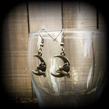 Load image into Gallery viewer, Rabbit earrings Crescent Moon earrings Animal earrings Kitsch earrings Bronze earrings Dangle earrings Pierced ears Cute earrings Gauges 2g