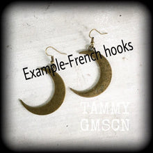 Load image into Gallery viewer, Bronze moon earrings Crescent Moon earrings Goddess earrings Pagan earrings Esoteric earrings Moon jewelry Pierced ears 3mm Tunnel earrings