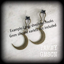 Load image into Gallery viewer, Bronze moon earrings Crescent Moon earrings Goddess earrings Pagan earrings Esoteric earrings Moon jewelry Pierced ears 3mm Tunnel earrings