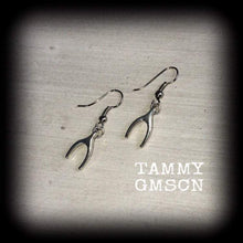 Load image into Gallery viewer, Wish bone earrings, Lucky earrings, Good luck earrings, Good luck charm, Dangle earrings, Wish bone jewelry, Tunnel earrings, Plug dangles