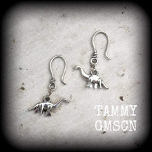 Load image into Gallery viewer, Dinosaur 3mm ear hangers Diplodocus 8 gauge tunnel earrings Tunnel dangles 6 guage earrings 4mm plug dangles 6mm ear hangers 8mm 10mmgauges