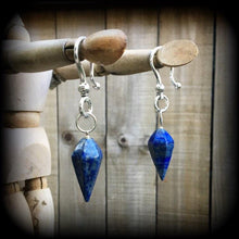 Load image into Gallery viewer, 2 gauge ear weights Light weight ear hangers Lapis Lazuli 6mm gemstone tapers Tunnel dangles Hanging gauges 6mm plug dangles Gauged earrings