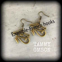 Load image into Gallery viewer, Eye of Horus ear hangers Egyptian Evil eye Esoteric Eye of Ra Gauged earrings Occult Esoteric Tunnel dangles Plug dangles Hanging gauges