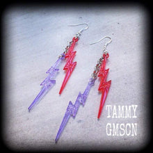 Load image into Gallery viewer, Lightning earrings Lightning Bolt earrings Kitsch Kawaii Pop Art earrings Plug earrings Pierced ears Stretched ears Tunnel dangles Gauges