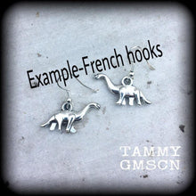 Load image into Gallery viewer, Dinosaur 3mm ear hangers Diplodocus 8 gauge tunnel earrings Tunnel dangles 6 guage earrings 4mm plug dangles 6mm ear hangers 8mm 10mmgauges