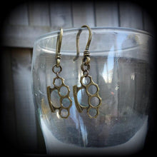 Load image into Gallery viewer, Brass knuckle Tunnel dangles Knuckle Duster Plug dangles Blood duster ear hangers Riot Grrl Punk Gauges Hanging gauges Gauged earrings 2g 4g