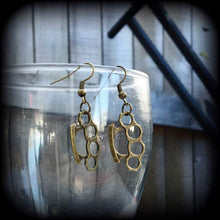 Load image into Gallery viewer, Brass knuckle earrings Knuckle Duster earrings Blood duster earrings Punk earrings Riot Grrl earrings Pierced ears Stretched ears Tapers 0g
