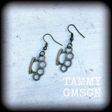 Load image into Gallery viewer, Brass knuckle earrings Knuckle Duster earrings Blood duster earrings Punk earrings Riot Grrl earrings Pierced ears Stretched ears Tapers 0g
