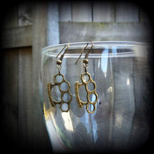 Load image into Gallery viewer, Brass knuckle earrings Knuckle Duster earrings Blood duster earrings Punk earrings Riot Grrl earrings Pierced ears Stretched ears Tapers 0g