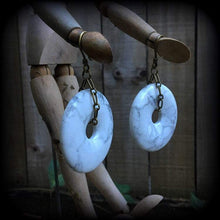 Load image into Gallery viewer, Ear weights Howlite Turquoise Gemstone ear hangers Stone Tunnel dangles Hanging gauges Bronze Weights Ear Plug dangles Stretched ears Plugs