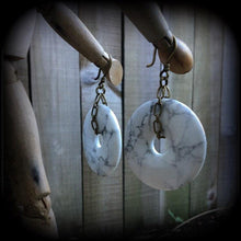 Load image into Gallery viewer, Ear weights Howlite Turquoise Gemstone ear hangers Stone Tunnel dangles Hanging gauges Bronze Weights Ear Plug dangles Stretched ears Plugs