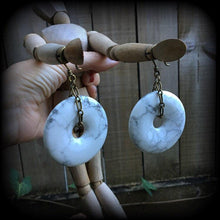 Load image into Gallery viewer, Ear weights Howlite Turquoise Gemstone ear hangers Stone Tunnel dangles Hanging gauges Bronze Weights Ear Plug dangles Stretched ears Plugs