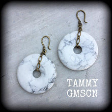 Load image into Gallery viewer, Ear weights Howlite Turquoise Gemstone ear hangers Stone Tunnel dangles Hanging gauges Bronze Weights Ear Plug dangles Stretched ears Plugs