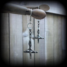Load image into Gallery viewer, Saint Peter earrings Inverted Cross ear weights Cross ear hangers Satanic Evil Gothic Esoteric Tunnel dangles Gauged earrings Plug dangles
