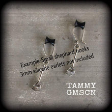 Load image into Gallery viewer, Witchy earrings Besom earrings Witches broom Pagan earrings Gothic earrings Halloween earrings Tunnel dangles Tunnel earrings Plug dangles